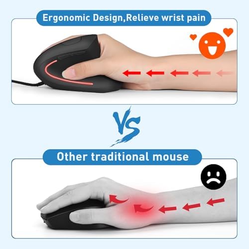 Wired Ergonomic Mouse, USB Wired Vertical Mouse with 800/1200/1600 Adjustable DPI, 6 Buttons Ergonomic Mouse for Laptop/PC/Desktop-Black - Image 2