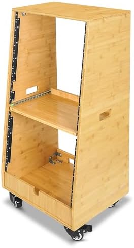 Sound Town DIY Solid Carbonized Bamboo Slanted 20U Studio Rack (12U Top + 8U Lower), with 2U Bottom Storage, Slide-Out Tray, Caster, For Recording Room, Home Studio (STBR-ST20T) - Image 3