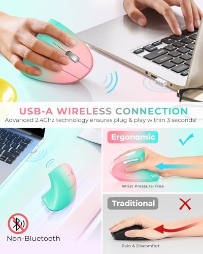 Lekvey Ergonomic Mouse, Rechargeable Wireless Vertical Mouse, Pink Green - Image 3