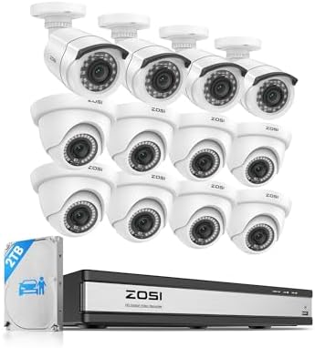 ZOSI H.265+ 1080p 16 Channel Security Camera System, 16CH DVR with AI Human Vehicle Detect, 12 x 2MP Weatherproof Surveillance CCTV Bullet Dome Camera Outdoor, Night Vision, Remote Access, 2TB HDD by ZOSI
