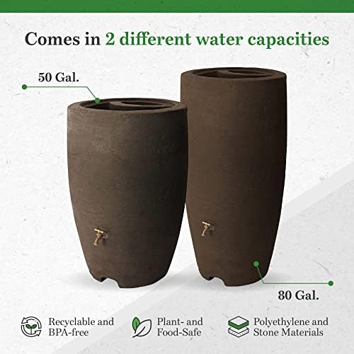 Algreen Plastic Rain Barrel, 50 Gallon Drum - Rainwater Tank w/Brass Spigot & Screen Guard for Rain Water Collection & Storage - Athena, Brownstone - Image 4