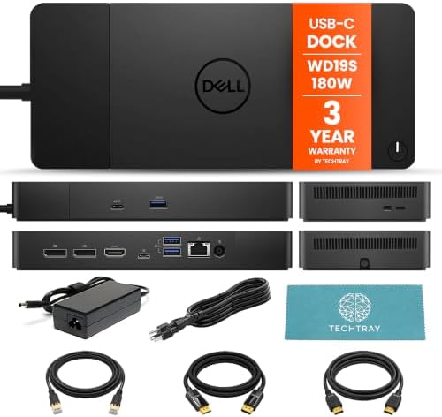 WD19S USB-C Dell Docking Station Dual Monitor Bundle, 180W Dock, 3 Year-Warranty with TT Cables 2m Each, 8k Display-Port, 4k HDMI, Ethernet + 180W Power Adapter, Microfiber Cloth - 4k Display by TechTray