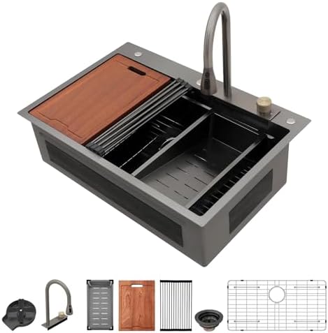 Lordear 33 Inch Black Drop In Kitchen Sink Waterfall T304 16 Gauge Stainless Steel Single Bowl Workstation Ledged Functional Large Kitchen Sinks 33x22x10 Inch by LORDEAR