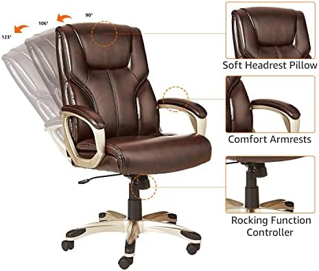 Amazon Basics Executive High Back Office Chair, Adjustable Height, Tilt, Swivel, Padded Armrests, Brown/Gold - Image 4