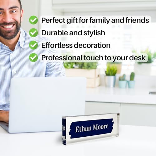 Customized Clear Acrylic Thick 8x3" Desk Name Plate Block with Personalized Logo - Professional Office Decor - Customized Acrylic Plate Gift for Teacher Co-workers (Navy Brush) - Image 4