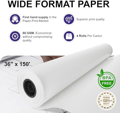 36" x 150ft Wide Format Paper 2" Core, White Plotter Paper CAD Bond 4 Rolls - Image 2