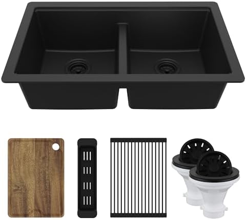 Karran 32.5 Inch Undermount Quartz Composite Workstation Kitchen Sink, 50/50 Double Bowl Low Divide with Color Matched Accessories, Cutting Board, Drying Mat, Colander & Strainers Black by Karran