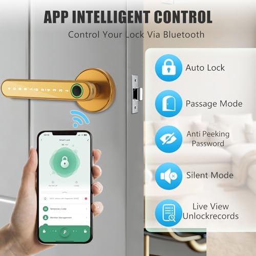 Smart Door Lock with Knob, Keyless Entry Door Locks with Handle, Fingerprint Door Knob for Bedroom/Front Door/Apartment,Generate Passcode Gold - Image 5