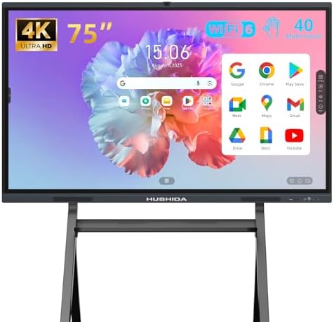 75" Smart Board Google EDLA-Certified 4K Interactive Whiteboard SmartBoard for Classroom & Office Business, Android 14 Touchscreen with 13MP AI Camera 8G RAM+64G ROM, 40-Points, Wall Mount Included by HUSHIDA
