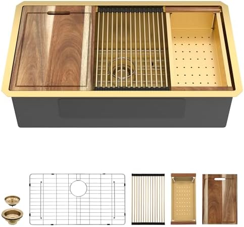 33 Undermount Kitchen Sink Gold - Fulorni 33"x19" Kitchen Sink Brushed Gold NANO-PVD Ledge Workstation 16 Gauge 304 Stainless Steel Under Counter Single Bowl Basin by FULORNI