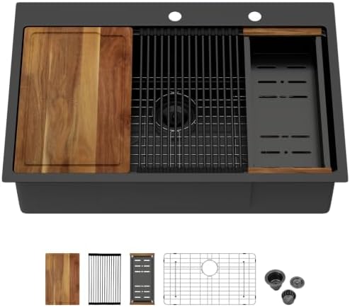 33x22 Black Drop In Kitchen Sink Workstation with Accessories by Couoko