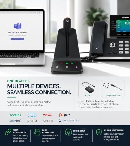 Yealink WH63 E2 Teams Wireless DECT Headset for Microsoft Teams, Convertible Mono Office Headset with Dual Noise Canceling Mics, Acoustic Shield, USB Base, 606 ft Range, 8H Talk Time - Image 5