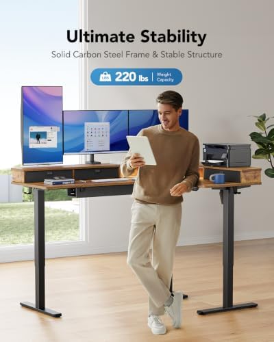 HUANUO 65″ L Shaped Standing Desk with 3 Drawers, Adjustable, Vintage Brown - Image 5