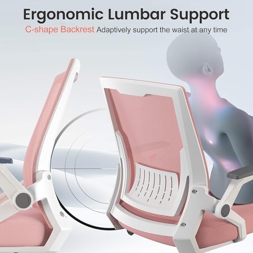 GTPLAYER Ergonomic Office Chair with Flip-up Armrests Executive Computer Chair for Home Office, Breathable Mesh & Comfy Lumbar Support, Pink - Image 6