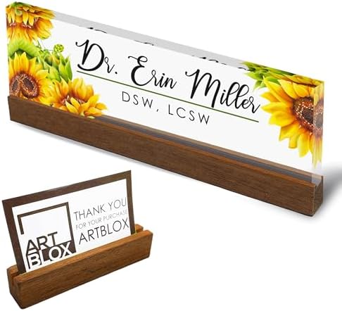 Artblox Personalized Office Desk Name Plate and Business Card Holder | Clear Acrylic Glass with Teak Wood Stand | Sunflowers Design Customized with Your Name and Credentials Office Desk Decor by Artblox