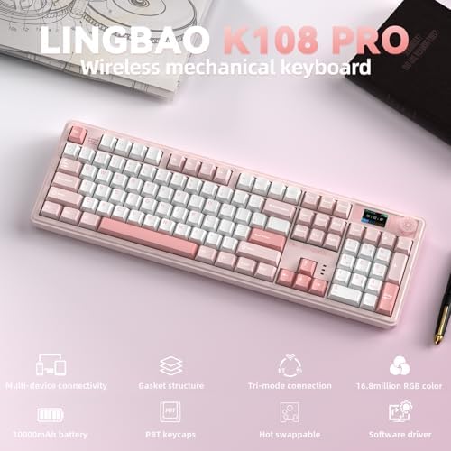 LINGBAO K108 Pro Wireless Mechanical Pink Creamy Keyboard with Number Pad - Image 2