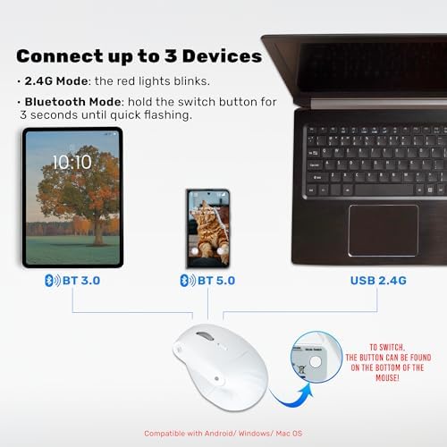 J-Tech Digital Wireless Mouse, Vertical Ergonomic Mouse with 2.4G Wireless & Bluetooth for 3 Multi-Device Function, Adjustable DPI Modes, Compatible with PC, Mac, Laptop - White - Image 3