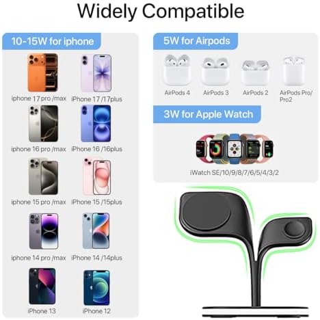 EXW Wireless Charging Station for Magsafe Charger,Charging Station for Multiple Devices,Wireless Charger for iPhone 17 Air 16 15 14 13 12,Apple Watch,AirPods with LED(Black) - Image 3