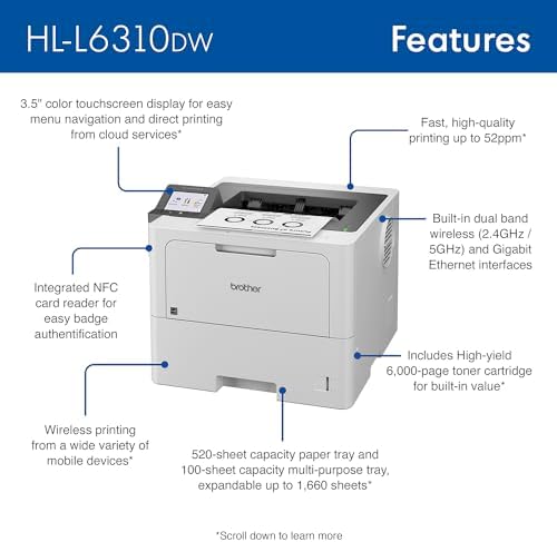 Brother HL-L6310DW Enterprise Monochrome Laser Printer with Low-Cost Printing, WirelessNetworking, and Large Paper Capacity, Works with Alexa - Image 2