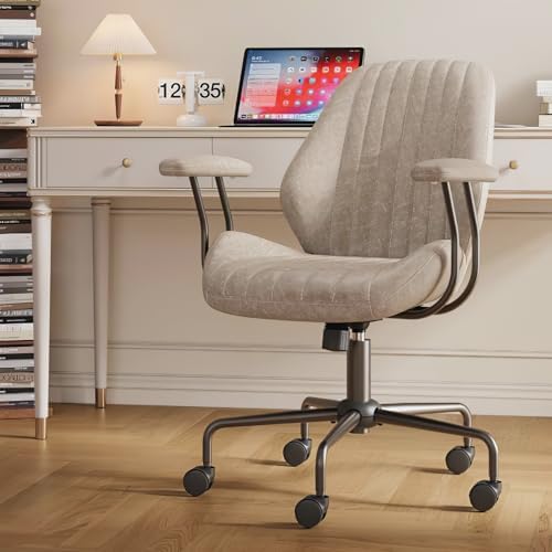 Mid Back Home Office Chair, Mid Century Modern Executive Chair, Comfy Ergonomic Rolling Office Desk Chair with Lumbar Support, Faux Leather Office Chair, Beige - Image 7