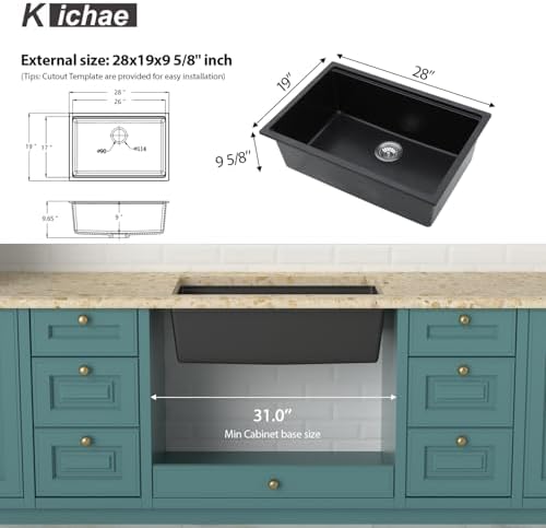 Kichae 28 x 19 Undermount Kitchen Sink Black Granite Composite Workstation - Image 6