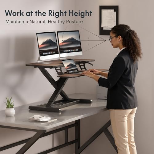 FLEXISPOT 36" Standing Desk Converter, Dual Monitor Desk Riser, Sit Stand Computer Workstation with Ergonomic Height Adjustment, Large Stand Up Desk Riser for Home Office, Walnut - Image 4