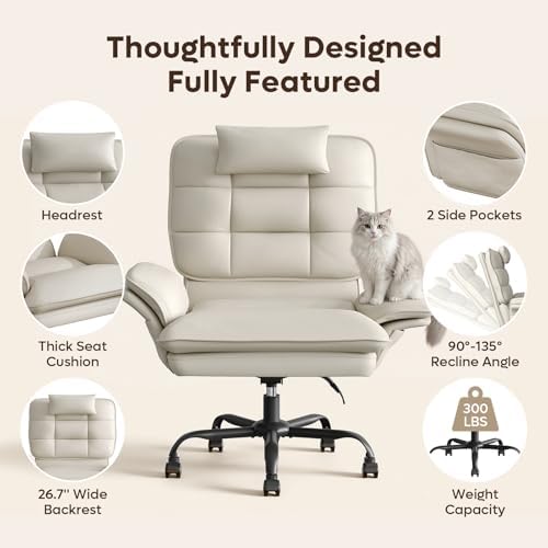 Bestier Cross Legged Office Chair with Headrest PU Leather Beige - Image 4
