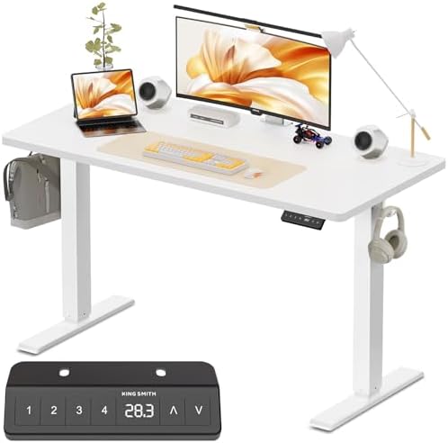WALKINGDESK 40x24 Inches Height Adjustable Electric Standing Desk with 2 Hooks for Home Office, Ergonomic Sit Stand up Desk with Splice Board, White by WALKINGDESK