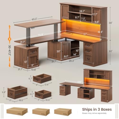 SEDETA Farmhouse L Shaped Electric Standing Desk with Hutch, 4 Drawers and Storage Cabinet, 106" Height Adjustable Office Executive Desk with Power Outlet, Led Lights for Two Person, Brown - Image 2