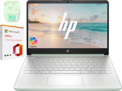 HP 14" Business Laptop Computer with 1-Year Office 365, Intel Quad-Core N150 Processor, 4GB RAM 384GB Storage (128GB UFS+256GB SD Card), Windows 11 Home, PLUSERA Earphones, Willow Green by Unknown
