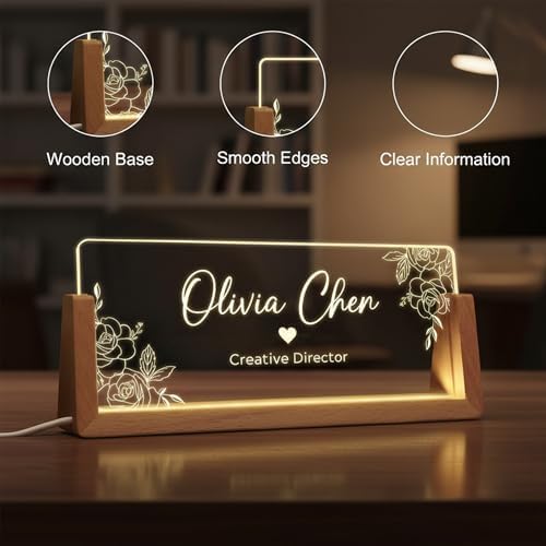 Personalized LED Name Plate for Desk - Light Up Acrylic Office Decor Desk Name Plate with Wooden Base - Appreciation Gifts for Boss, Coworkers, Teacher, Employee - Office Decor for Women Men - Image 4
