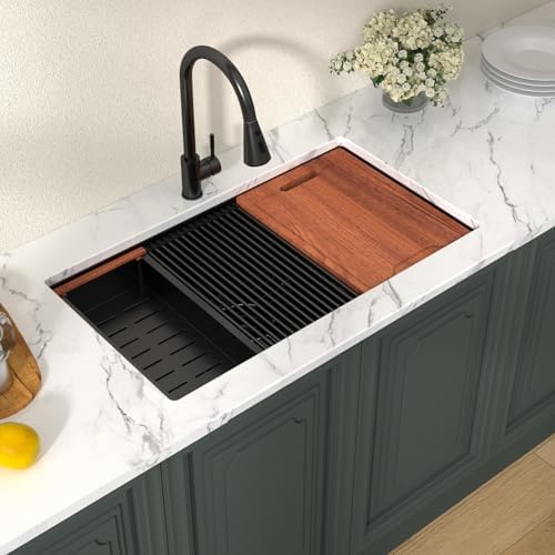Lordear 32x19 Matte Black Undermount Kitchen Sink - T304 16 Gauge 32 Inch Undermount Kitchen SInk Black Workstation Stainless Steel Single Bowl Handmade 32x19x10 Inch - Image 3