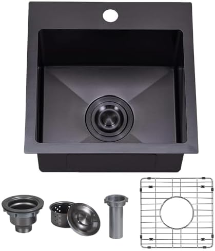 VAPSINT 15x15 Inch Black Drop In Bar Sink, Single Bowl Top Mount Handmade Gunmetal Black Wet Bar Prep RV Sink, 16 Guage Stainless Steel Outdoor Small Kitchen Sinks with Grid & Drain Strainer by VAPSINT