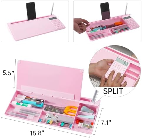 Small Glass Desktop Whiteboard Dry-Erase-Board - Computer Keyboard Stand with Calculator White Board Surface Pad with Drawer, Desk Organizers with Accessories for Office, Home, School Supplies - Pink - Image 3