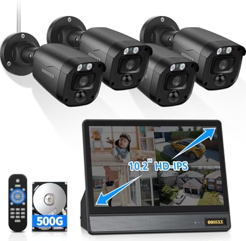 5MP Wired Security Camera System 4Pcs Cameras with 10.2" Monitor 500G HDD by OOSSXX