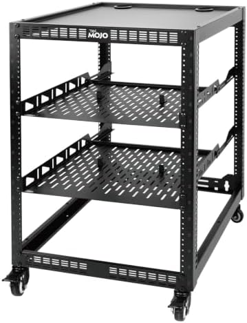 TECMOJO 16U Open Frame Network Rack for IT &AV Gear, AV Rack 4-Post with casters, Mobile 16U Rack with 2 PCS 1U Server Rack Shelf & Mounting Hardware, for 19" Network,Audio and Video Device by Tecmojo