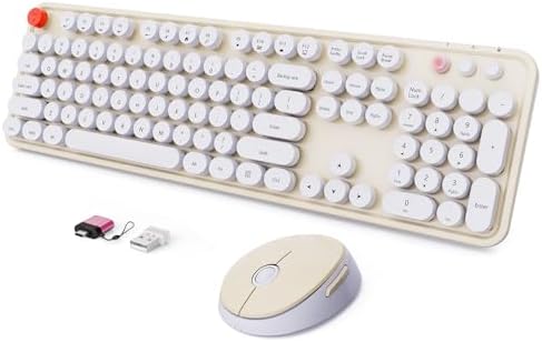 Wireless Keyboard and Mouse Combo, Ergonomic Full Size Typewriter Retro Round Keycaps Keyboard, Compatible with Windows, PC, Perfer for Home and Office Keyboards (Beige by SkyGive