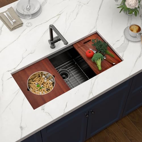 39x19 Black Undemrount Workstation Kitchen Sink with Mixng Bowl - Image 2