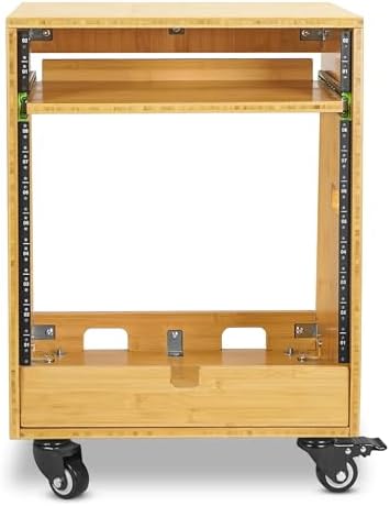 Sound Town DIY Slanted 10U Studio Rack (2U Top + 8U Lower) with Slide-Out Tray, 2U Bottom Storage & Casters, Solid Carbonized Bamboo Audio Equipment Rack for Recording Room & Home Studio (STBR-ST10T) - Image 2