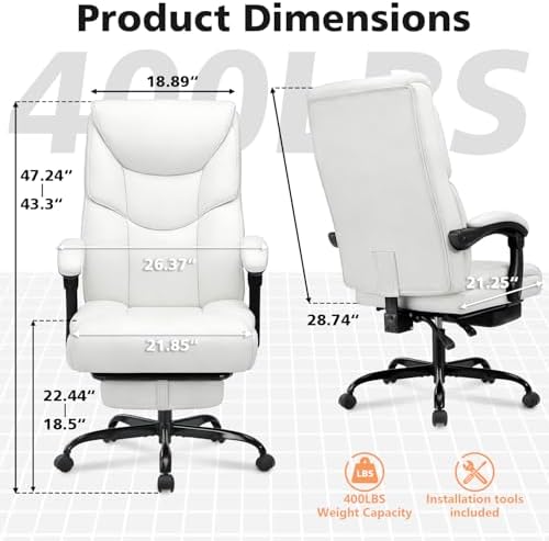 WAILOR 400lbs Office Chair with Foot Rest, Reclining Big and Tall Office Chair with Lumbar Support, High Back PU Leather Computer Chair,Comfy Desk Chair for Home Office (Casual) (White) - Image 3