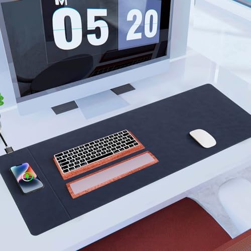 Magnetic Wireless Charging Desk Mat, 31"x11.7" Mouse Pad with Ultra-Smooth Surface, Microfiber Leather Office Mouse Mat, Waterproof Extended Computer Keyboard Desk Mat for Office & Home, Laptop, Blue - Image 7