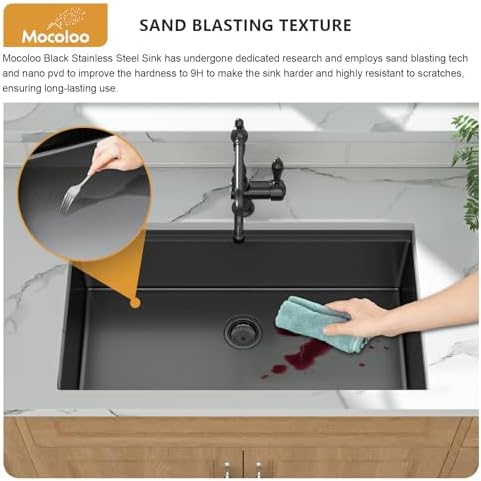 Mocoloo 33 Inch Undermount Kitchen Sink - 33 x 19 Black Stainless Steel Sinks Ledge Workstation 16 Gauge Deep Single Bowl Handmade NANO-PVD Under Counter Gunmetal Black Kitchen Sink - Image 3
