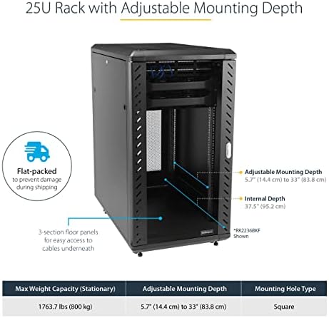 StarTech 25U Enterprise-Grade Server Rack Cabinet, 19in Enclosed 4-Post Rack with 33in (83cm) Mounting Depth and 1764lb (800kg) Weight Capacity - Image 3