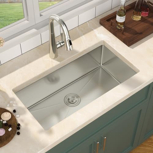 Mocoloo 30 Inch Undermount Kitchen Sink - 30" x 16" T304 Stainless Steel Handmade Single Bowl Round Corner Under Counter 9" Deep Basin - Image 5