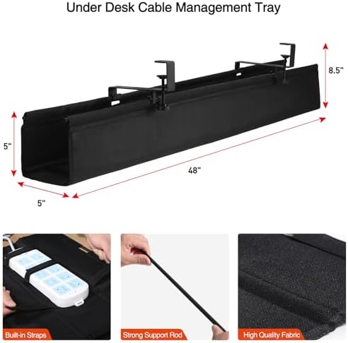 MAXECHO Under Desk Cable Management Tray 48" - Clamp on Wire and Cable Organizer for Storage and to Hide Cords - Ideal for Home Office - Premium Black Fabric Design - Image 2
