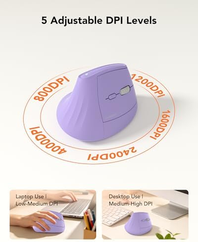 KYSONA Ergonomic Mouse Wireless, Bluetooth Vertical Mouse, 5-Level Adjustable DPI, 2.4G Silent Switch Mice for Windows, MacOS, IPadOS, Laptop, PC, Purple - Image 4