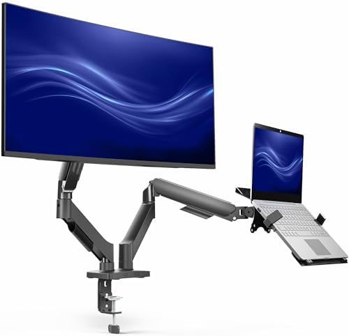 VIVO Universal Adjustable Monitor and Laptop Desk Mount, 17 to 32 inch Monitors, 10 to 15.6 inch Laptops, Dual Mechanical Arm VESA Notebook Stand with C-clamp and Grommet Options, Black, STAND-V002O-L by VIVO