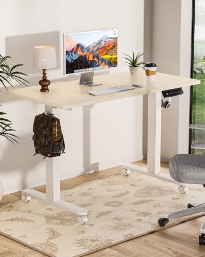 Okin Standing Desk Electric Adjustable Computer Whole Piece Stand up Desk with Wheels Office Gaming Home Office Memory Desks 48x24 inches Cream Brown - Image 2