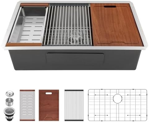 Lordear 28 Inch Undermount Kitchen Sink Stainless Steel 16 Gauge T304 Stainless Steel Workstation Sink Single Bowl One Basin Handmade Sinks Under Counter, 28x19x10 Inch by LORDEAR
