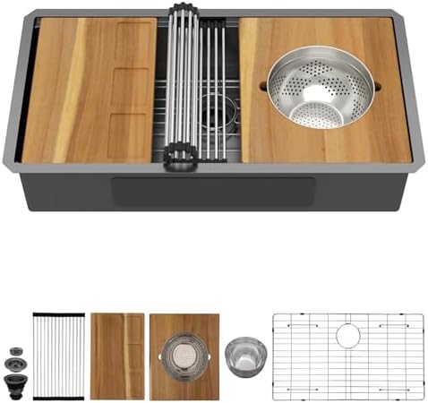 32x19" Black Undermount Kitchen Sink Workstation, Single Bowl by SmartLivingBeautifulHomes